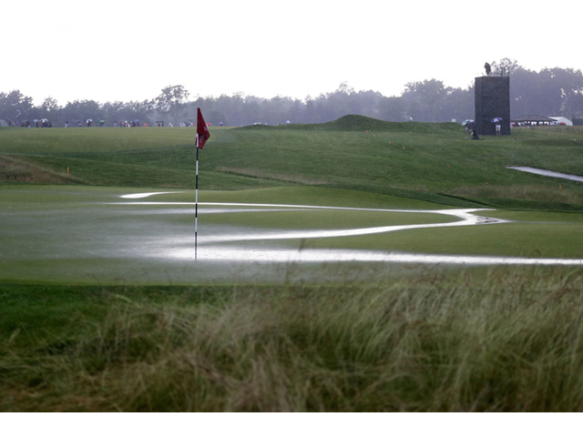 OAKMONT, PA - JUNE 16: A general view of the fifth green during a delay due to inclemement weather during the first round of the U.S. Open at Oakmont Country Club on June 16, 2016 in Oakmont, Pennsylvania. (Photo by Sam Greenwood/Getty Images)