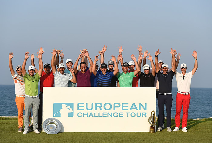 MUSCAT, OMAN - NOVEMBER 05: The 2016 Challenge Tour Graduates pose for photographs on day four of the NBO Golf Classic Grand Final at Al Mouj Golf on November 5, 2016 in Muscat, Oman. (Photo by Tom Dulat/Getty Images)