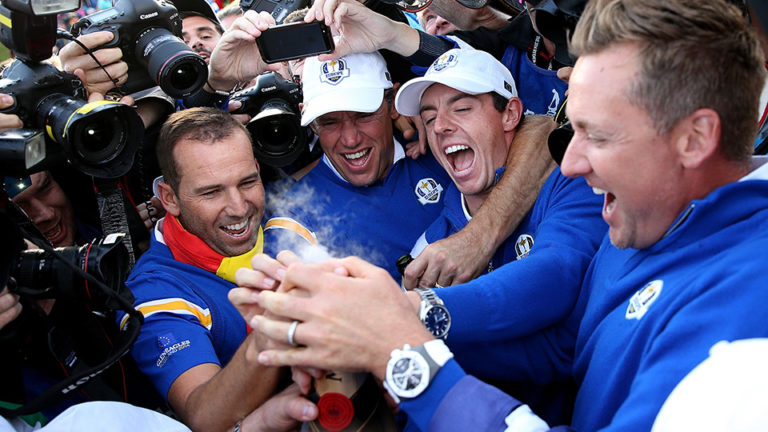 Sergio Garcia, Lee Westwood, Rory McIlroy and Ian Poulter of Europe