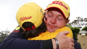 Jarrod Lyle of Australia hugs wife Briony Lyle