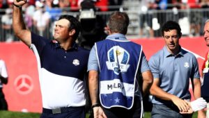 Rory McIlroy of Europe looks on