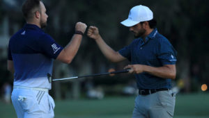 Tyrrell Hatton Abraham Ancer bump fists of the RBC Heritage