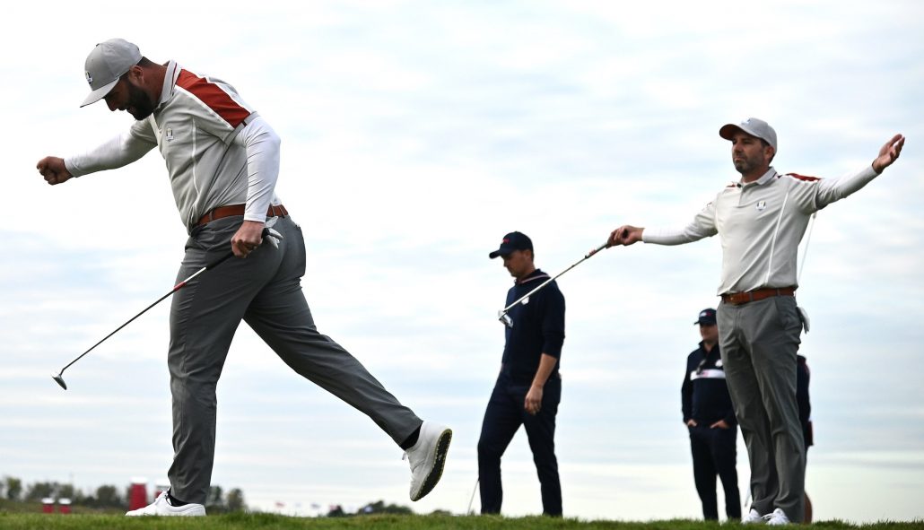 Jon Rahm celebrates birdie Ryder Cup