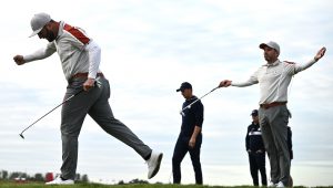 Jon Rahm celebrates birdie Ryder Cup