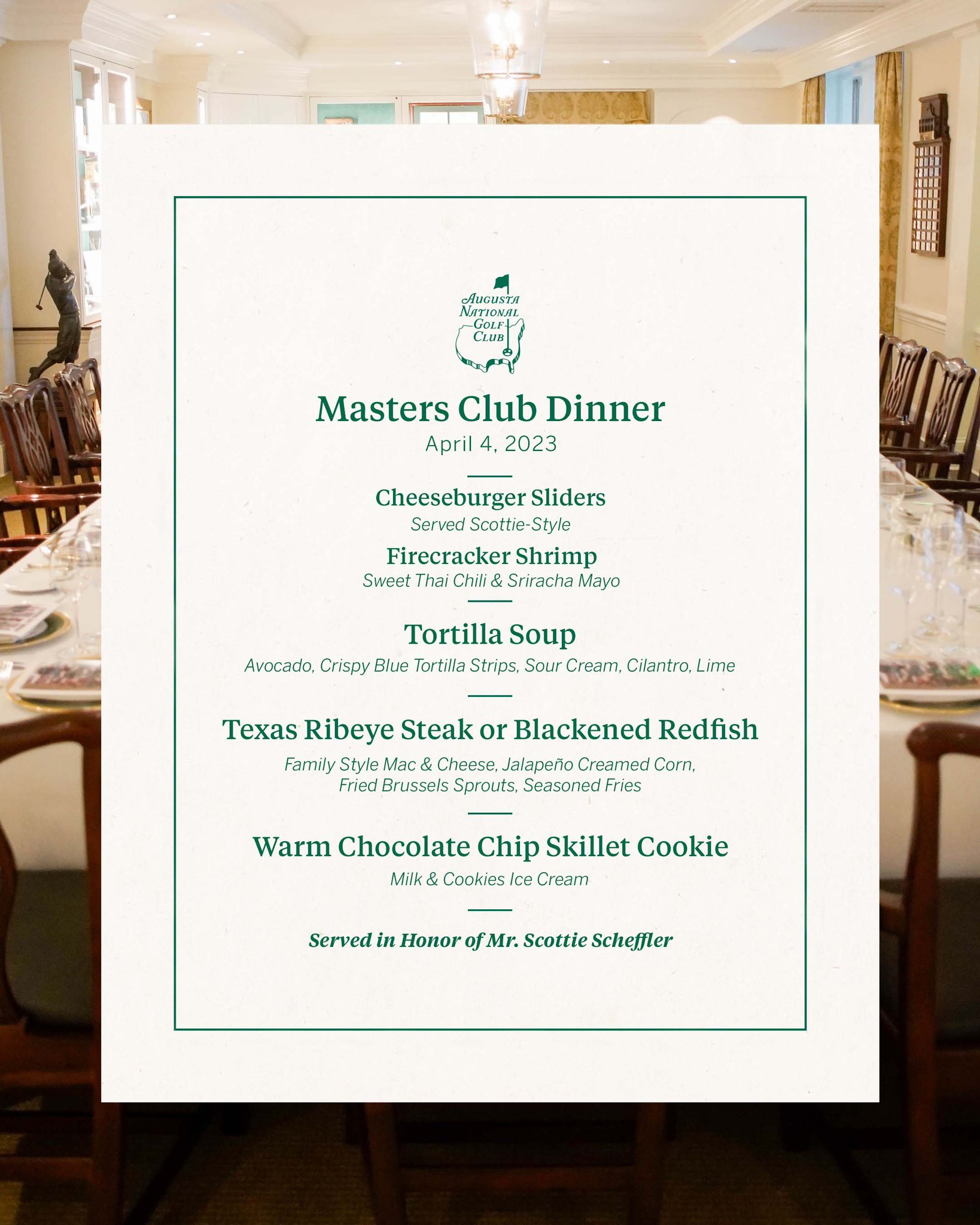 Scottie Scheffler’s Masters Champions Dinner Menu