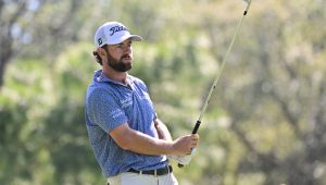 PALM HARBOR, FLORIDA - MARCH 23: Cameron Young of the United States plays his shot from the 17th tee during the third round of the Valspar Championship at Copperhead Course at Innisbrook Resort and Golf Club on March 23, 2024 in Palm Harbor, Florida. (Photo by Julio Aguilar/Getty Images)