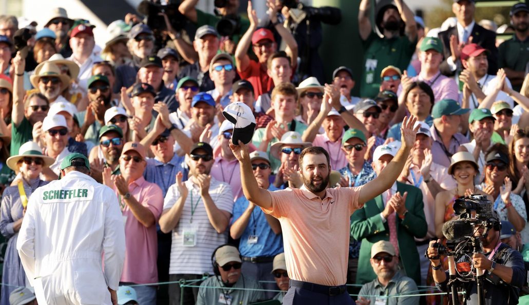 Scottie Scheffler celebrates 14 Apr 2024 Jamie Squire Getty Images