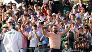 Scottie Scheffler celebrates 14 Apr 2024 Jamie Squire Getty Images