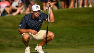 Bryson DeChambeau of the Crushers GC lines up his putt on the first hole during day one of LIV Golf: Chicago at Bolingbrook Golf Club on September 13, 2024 in Bolingbrook, Illinois. (Photo by Quinn Harris/Getty Images)